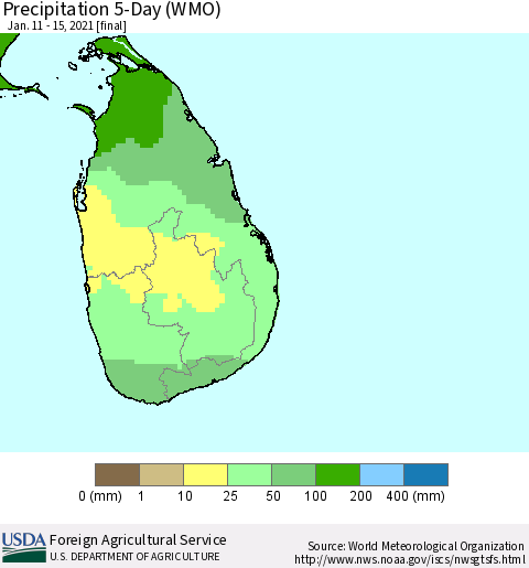 Sri Lanka Precipitation 5-Day (WMO) Thematic Map For 1/11/2021 - 1/15/2021