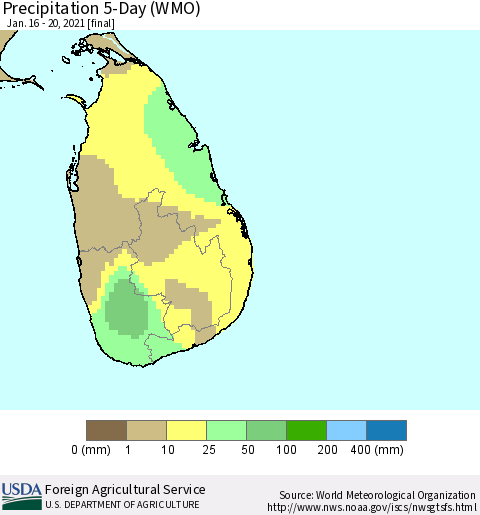 Sri Lanka Precipitation 5-Day (WMO) Thematic Map For 1/16/2021 - 1/20/2021