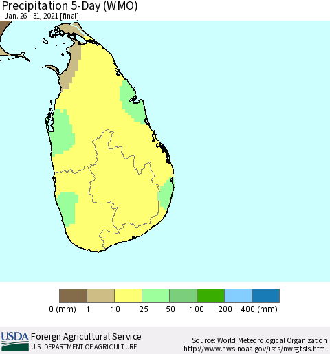Sri Lanka Precipitation 5-Day (WMO) Thematic Map For 1/26/2021 - 1/31/2021