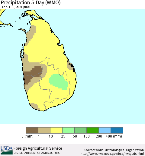 Sri Lanka Precipitation 5-Day (WMO) Thematic Map For 2/1/2021 - 2/5/2021
