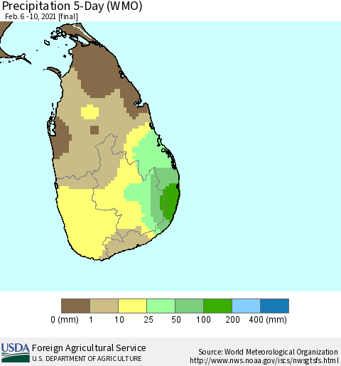 Sri Lanka Precipitation 5-Day (WMO) Thematic Map For 2/6/2021 - 2/10/2021