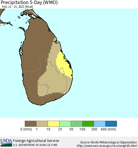 Sri Lanka Precipitation 5-Day (WMO) Thematic Map For 2/11/2021 - 2/15/2021