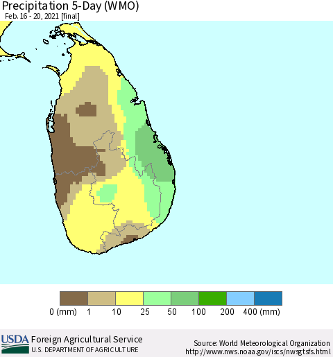 Sri Lanka Precipitation 5-Day (WMO) Thematic Map For 2/16/2021 - 2/20/2021