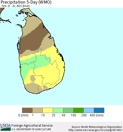 Sri Lanka Precipitation 5-Day (WMO) Thematic Map For 2/21/2021 - 2/25/2021