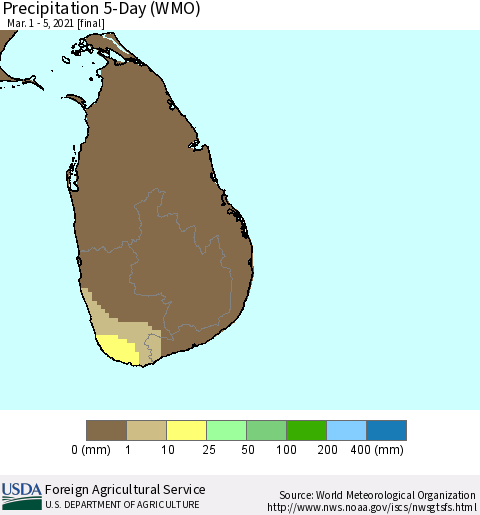 Sri Lanka Precipitation 5-Day (WMO) Thematic Map For 3/1/2021 - 3/5/2021