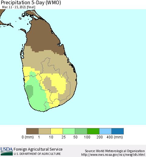 Sri Lanka Precipitation 5-Day (WMO) Thematic Map For 3/11/2021 - 3/15/2021