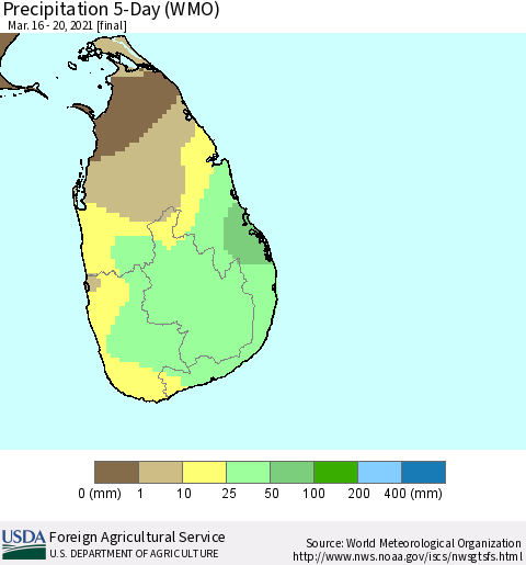 Sri Lanka Precipitation 5-Day (WMO) Thematic Map For 3/16/2021 - 3/20/2021