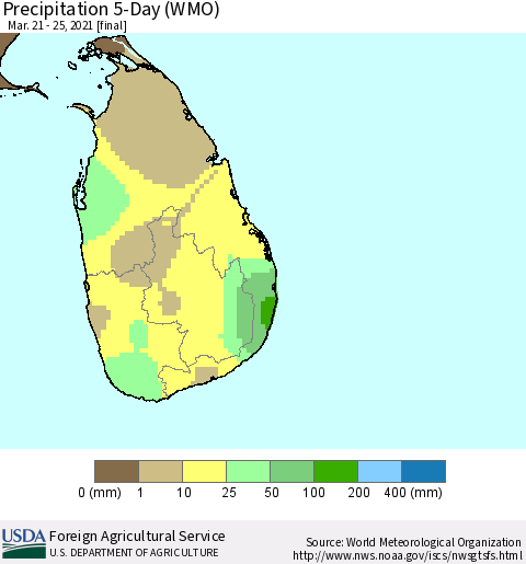 Sri Lanka Precipitation 5-Day (WMO) Thematic Map For 3/21/2021 - 3/25/2021