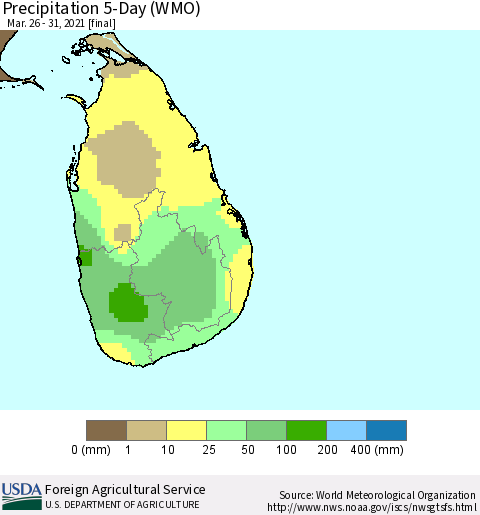 Sri Lanka Precipitation 5-Day (WMO) Thematic Map For 3/26/2021 - 3/31/2021