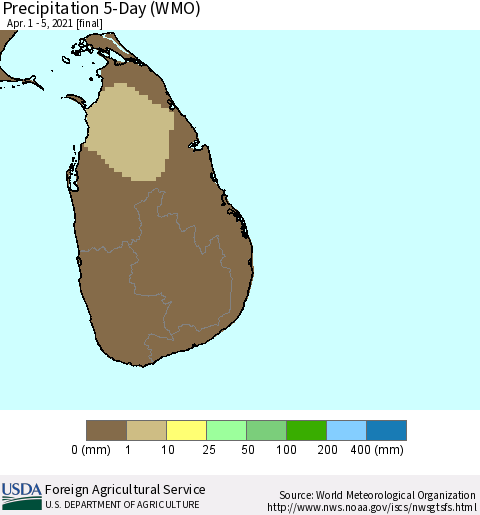 Sri Lanka Precipitation 5-Day (WMO) Thematic Map For 4/1/2021 - 4/5/2021