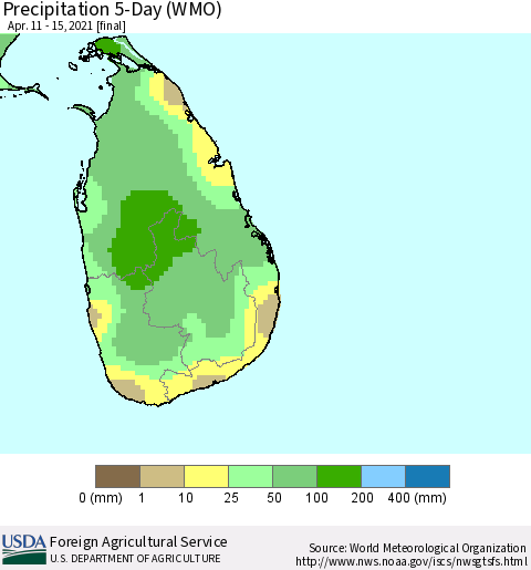 Sri Lanka Precipitation 5-Day (WMO) Thematic Map For 4/11/2021 - 4/15/2021
