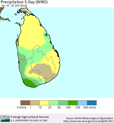 Sri Lanka Precipitation 5-Day (WMO) Thematic Map For 4/16/2021 - 4/20/2021