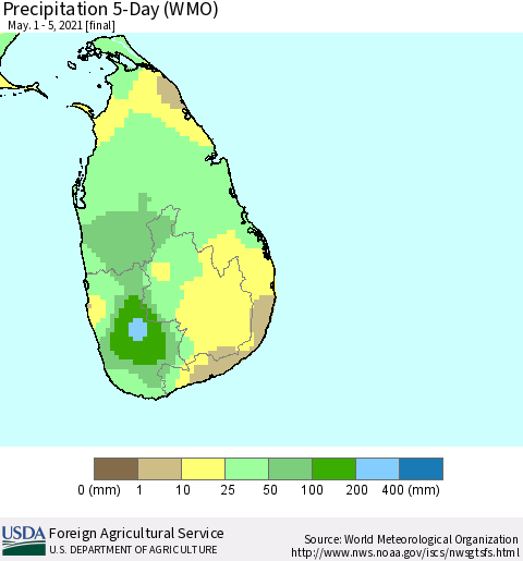 Sri Lanka Precipitation 5-Day (WMO) Thematic Map For 5/1/2021 - 5/5/2021