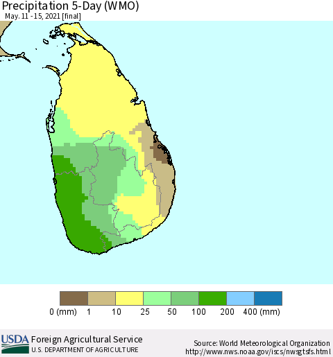 Sri Lanka Precipitation 5-Day (WMO) Thematic Map For 5/11/2021 - 5/15/2021