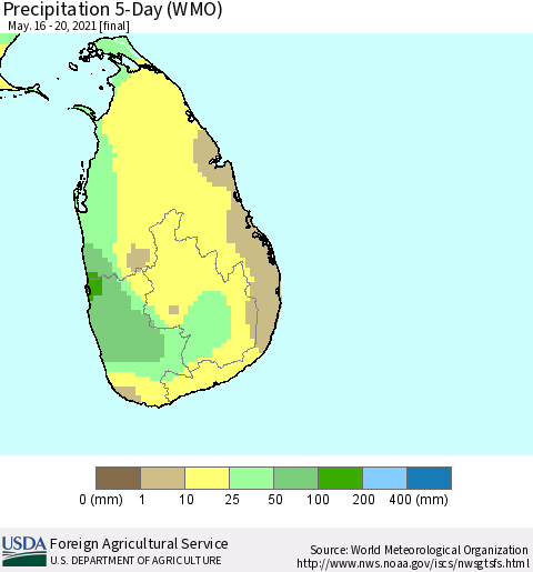 Sri Lanka Precipitation 5-Day (WMO) Thematic Map For 5/16/2021 - 5/20/2021