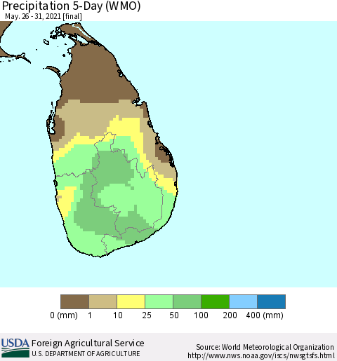 Sri Lanka Precipitation 5-Day (WMO) Thematic Map For 5/26/2021 - 5/31/2021