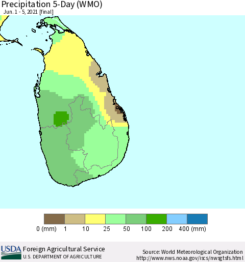 Sri Lanka Precipitation 5-Day (WMO) Thematic Map For 6/1/2021 - 6/5/2021