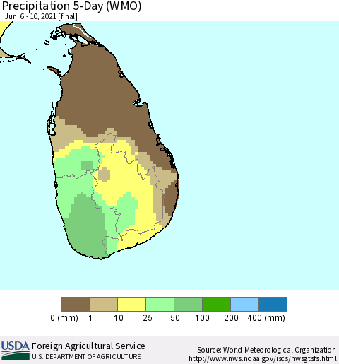 Sri Lanka Precipitation 5-Day (WMO) Thematic Map For 6/6/2021 - 6/10/2021