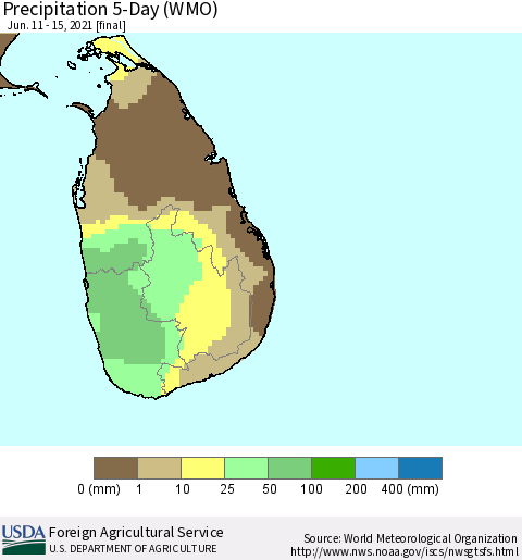 Sri Lanka Precipitation 5-Day (WMO) Thematic Map For 6/11/2021 - 6/15/2021