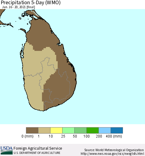 Sri Lanka Precipitation 5-Day (WMO) Thematic Map For 6/16/2021 - 6/20/2021