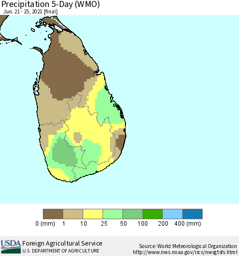 Sri Lanka Precipitation 5-Day (WMO) Thematic Map For 6/21/2021 - 6/25/2021