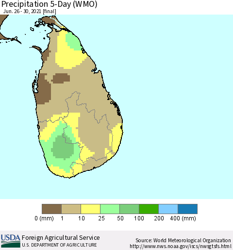 Sri Lanka Precipitation 5-Day (WMO) Thematic Map For 6/26/2021 - 6/30/2021