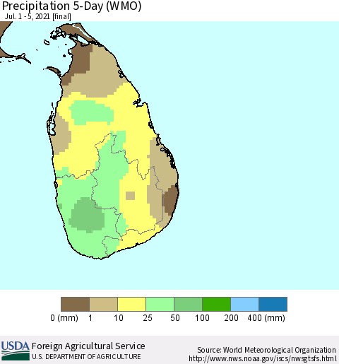 Sri Lanka Precipitation 5-Day (WMO) Thematic Map For 7/1/2021 - 7/5/2021