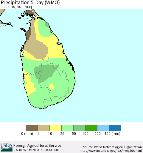 Sri Lanka Precipitation 5-Day (WMO) Thematic Map For 7/6/2021 - 7/10/2021