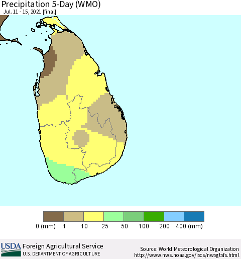 Sri Lanka Precipitation 5-Day (WMO) Thematic Map For 7/11/2021 - 7/15/2021