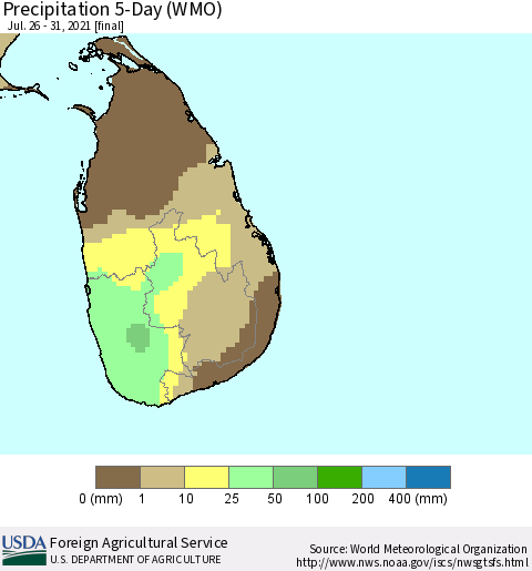 Sri Lanka Precipitation 5-Day (WMO) Thematic Map For 7/26/2021 - 7/31/2021