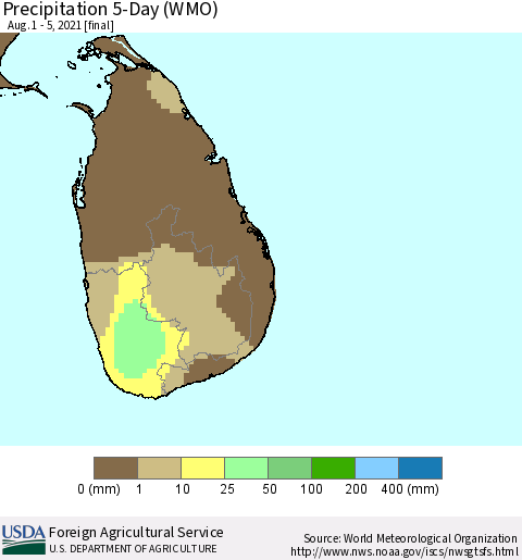 Sri Lanka Precipitation 5-Day (WMO) Thematic Map For 8/1/2021 - 8/5/2021