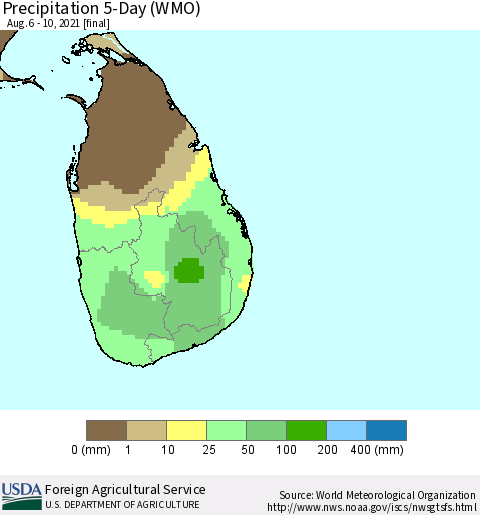Sri Lanka Precipitation 5-Day (WMO) Thematic Map For 8/6/2021 - 8/10/2021