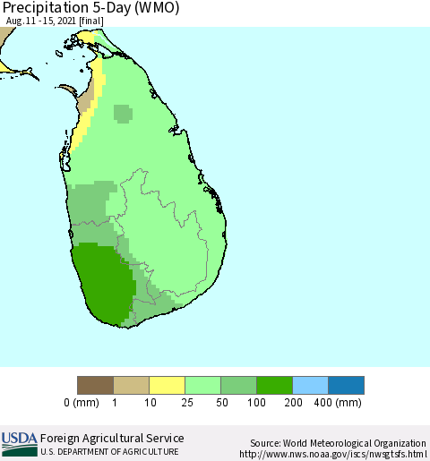 Sri Lanka Precipitation 5-Day (WMO) Thematic Map For 8/11/2021 - 8/15/2021