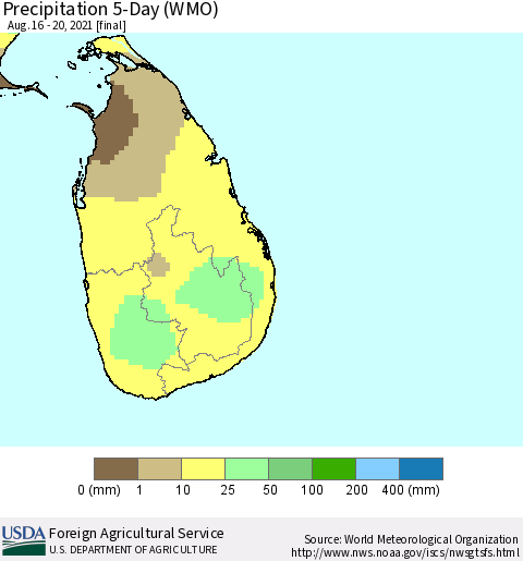 Sri Lanka Precipitation 5-Day (WMO) Thematic Map For 8/16/2021 - 8/20/2021