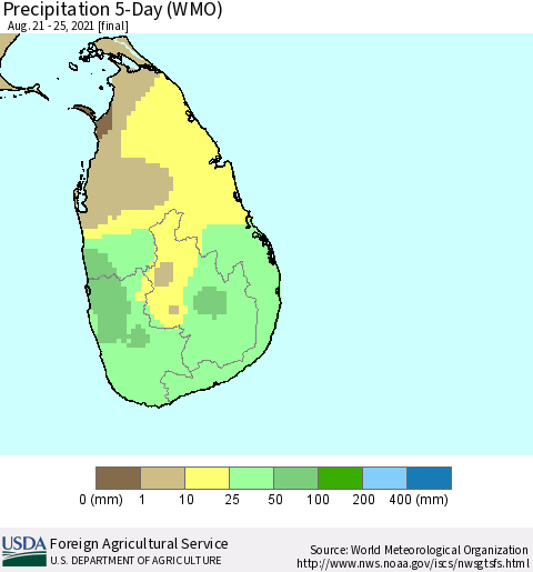 Sri Lanka Precipitation 5-Day (WMO) Thematic Map For 8/21/2021 - 8/25/2021