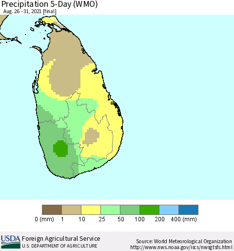 Sri Lanka Precipitation 5-Day (WMO) Thematic Map For 8/26/2021 - 8/31/2021