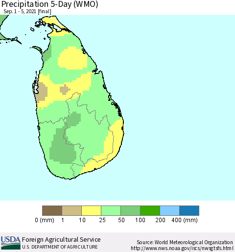 Sri Lanka Precipitation 5-Day (WMO) Thematic Map For 9/1/2021 - 9/5/2021