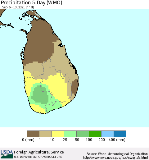Sri Lanka Precipitation 5-Day (WMO) Thematic Map For 9/6/2021 - 9/10/2021