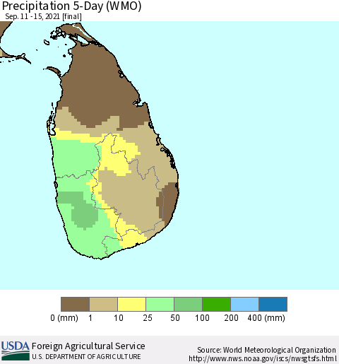 Sri Lanka Precipitation 5-Day (WMO) Thematic Map For 9/11/2021 - 9/15/2021