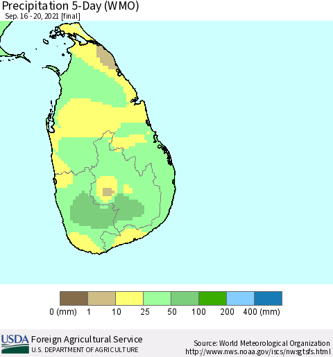 Sri Lanka Precipitation 5-Day (WMO) Thematic Map For 9/16/2021 - 9/20/2021
