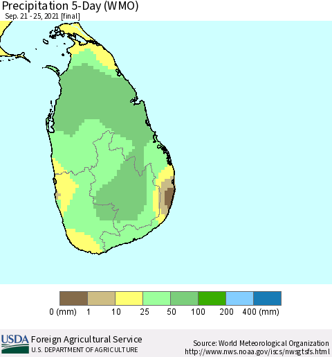 Sri Lanka Precipitation 5-Day (WMO) Thematic Map For 9/21/2021 - 9/25/2021