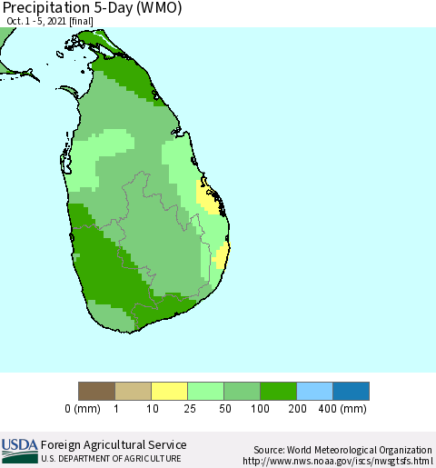 Sri Lanka Precipitation 5-Day (WMO) Thematic Map For 10/1/2021 - 10/5/2021