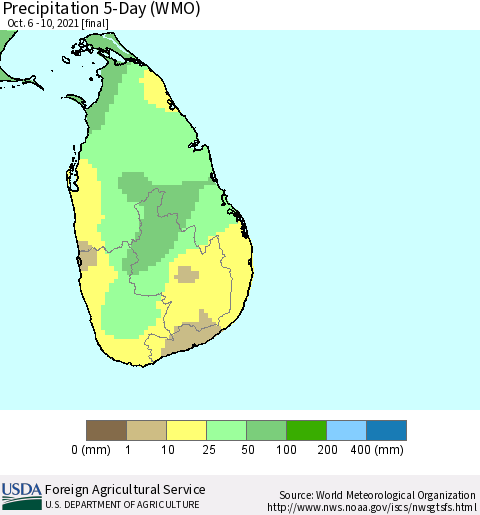Sri Lanka Precipitation 5-Day (WMO) Thematic Map For 10/6/2021 - 10/10/2021