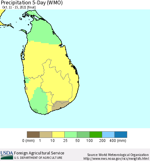 Sri Lanka Precipitation 5-Day (WMO) Thematic Map For 10/11/2021 - 10/15/2021