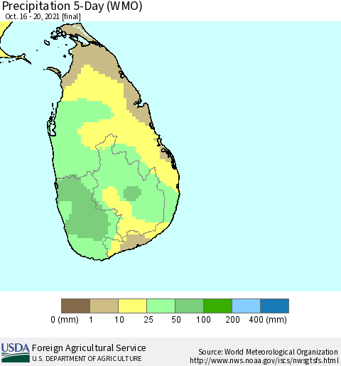 Sri Lanka Precipitation 5-Day (WMO) Thematic Map For 10/16/2021 - 10/20/2021