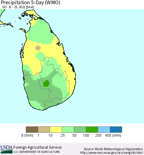 Sri Lanka Precipitation 5-Day (WMO) Thematic Map For 10/21/2021 - 10/25/2021