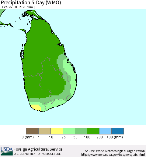 Sri Lanka Precipitation 5-Day (WMO) Thematic Map For 10/26/2021 - 10/31/2021