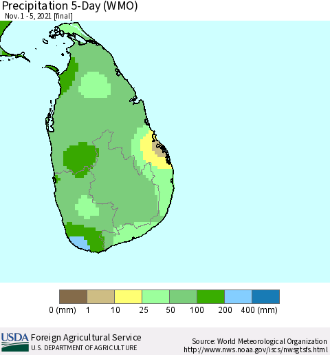 Sri Lanka Precipitation 5-Day (WMO) Thematic Map For 11/1/2021 - 11/5/2021