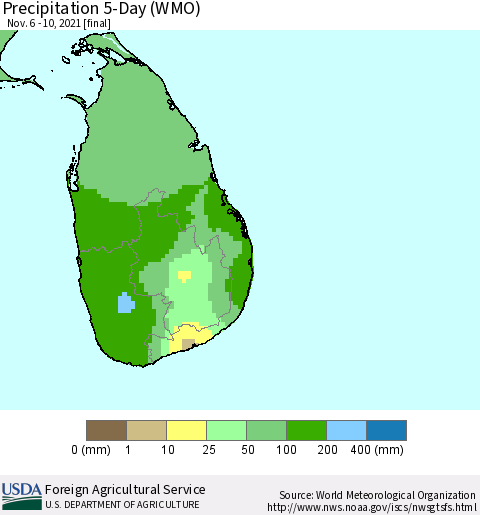 Sri Lanka Precipitation 5-Day (WMO) Thematic Map For 11/6/2021 - 11/10/2021