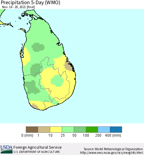 Sri Lanka Precipitation 5-Day (WMO) Thematic Map For 11/16/2021 - 11/20/2021